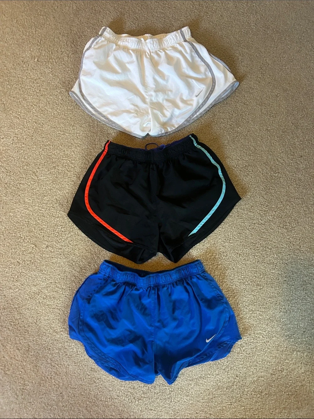 Nike Kids Running Shorts Trio - White, Black with Red & Teal Trim, Royal Blue